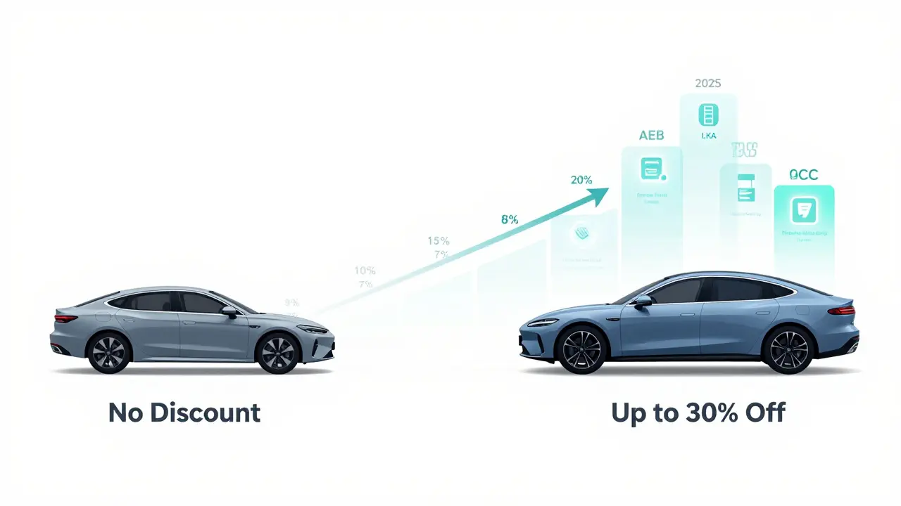 A visual scale showing how advanced car safety features lead to higher insurance discounts up to 30%.