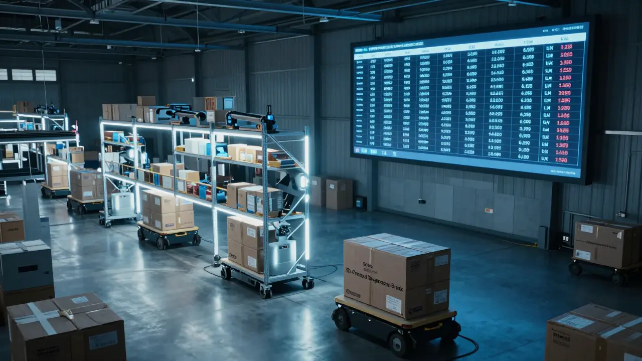 Automated warehouse with glowing shelves and robots transporting remanufactured EV battery crates.