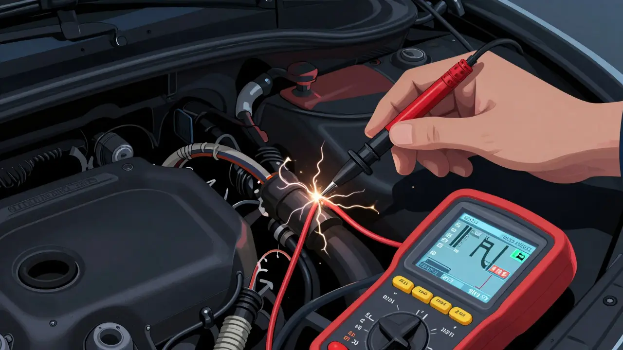 Close-up of a frayed wiring harness with a multimeter showing fluctuating electrical data in an engine bay.