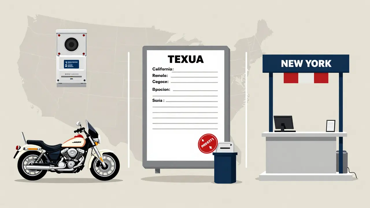Comparison of motorcycle registration processes in California, Texas, and New York.
