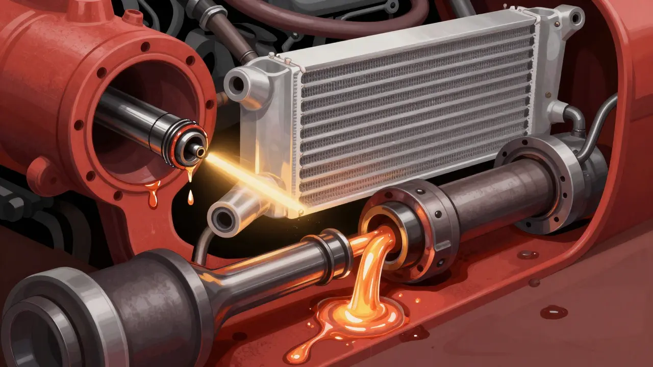 Cross-section view of transmission showing leaks at input shaft, output shaft, and cooler line.