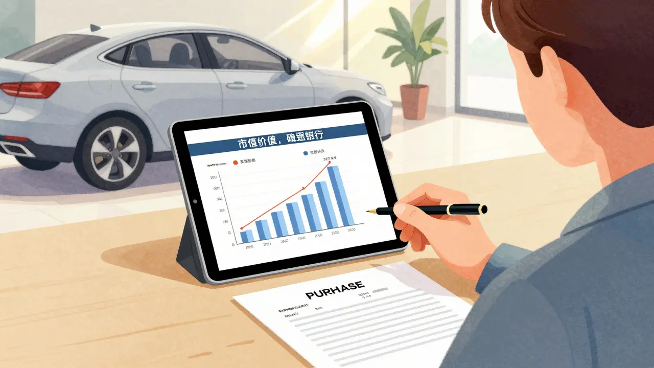 Customer negotiating car purchase price with dealer, tablet showing market value