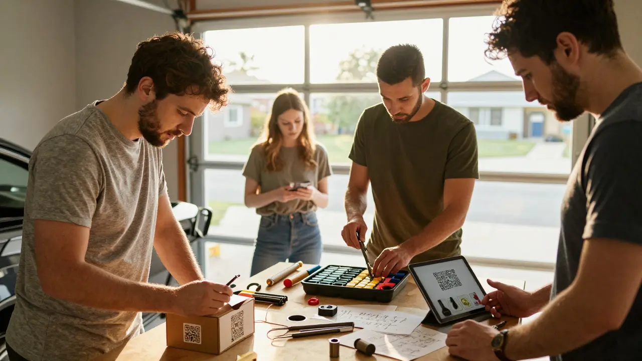 DIY car owners repairing their vehicles in a garage using QR codes, color-coded tools, and tutorial videos.