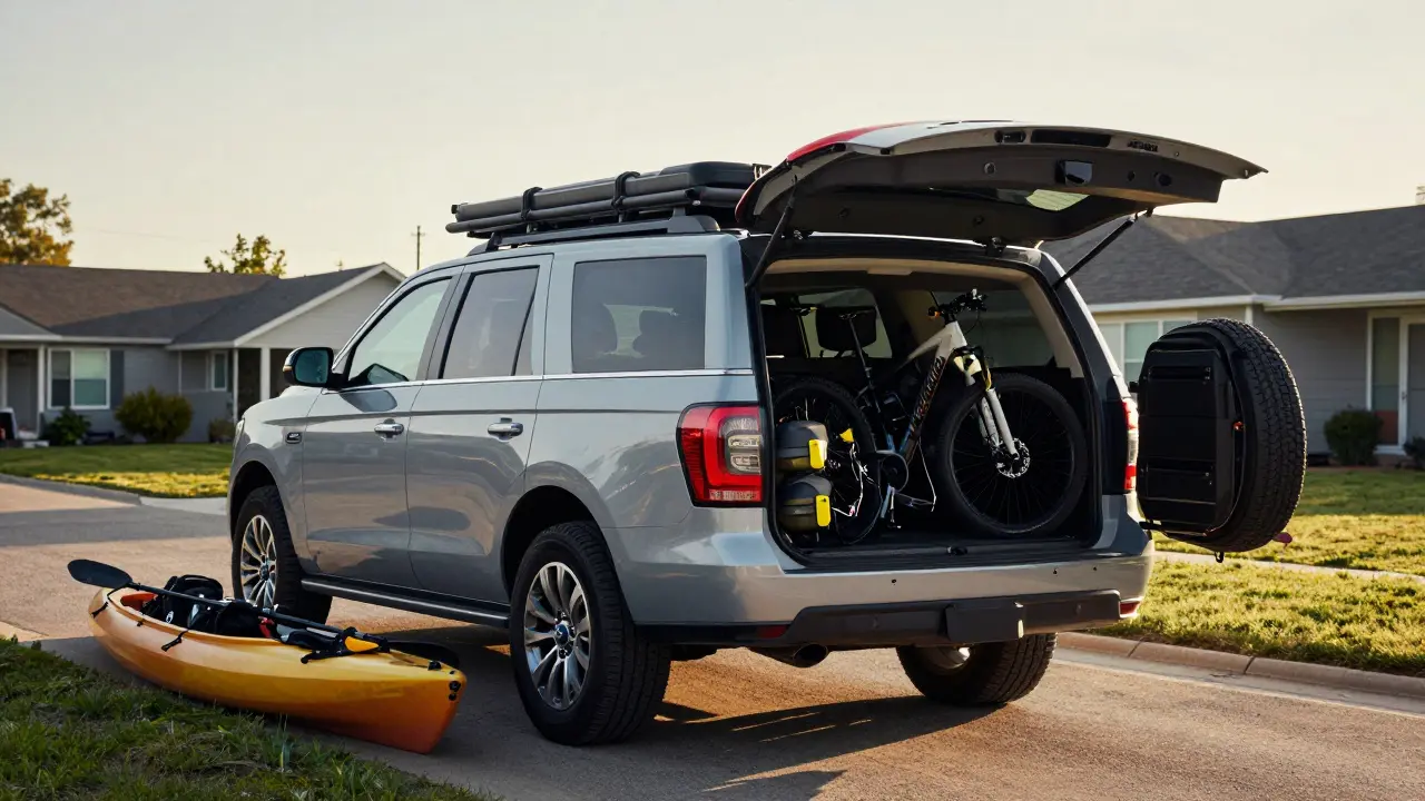 Full-size SUV cargo area with kayak, two bikes, and camping gear, all fitting comfortably after seat folding.