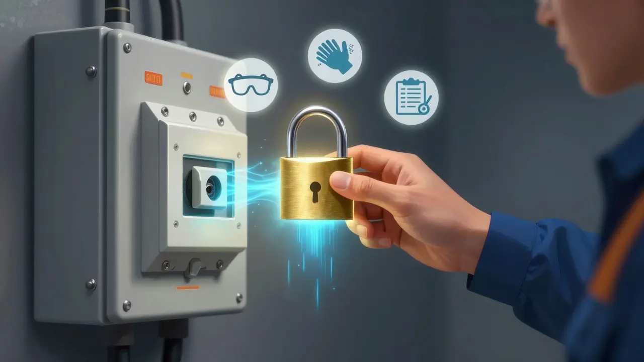 Hand locking out high-voltage EV system with floating safety icons, symbolizing protection and protocol adherence.