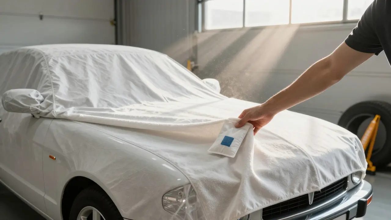 Hand placing a soft car cover on a classic car in a sunlit garage with desiccant pack nearby.
