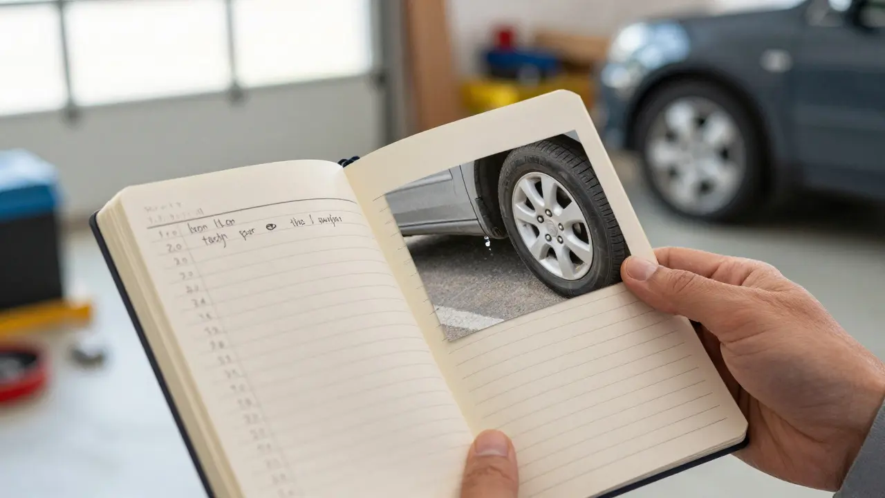 Handwritten car diagnostic log beside photos of a fluid leak and tire bubble, symbolizing patient investigation.