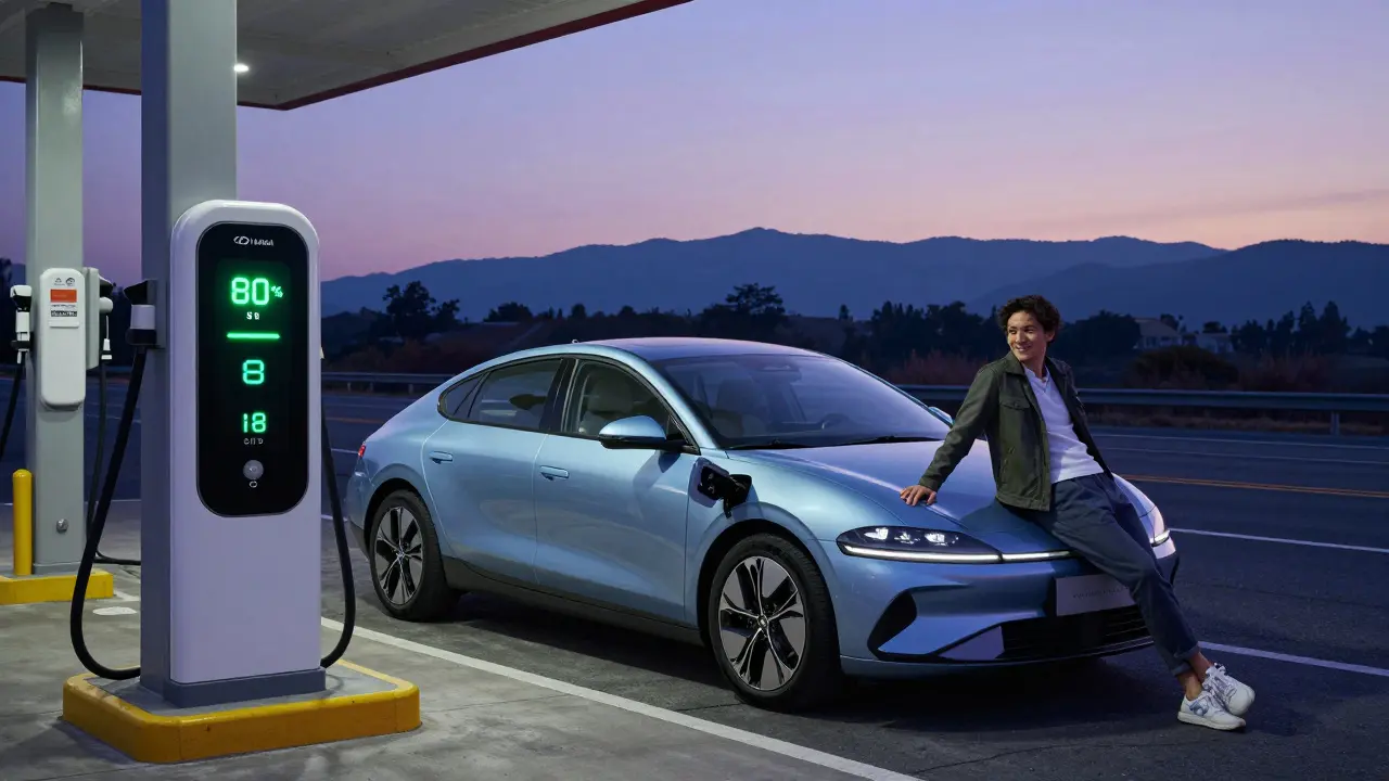 Hyundai Ioniq 6 electric car charging at a highway station at dusk with scenic mountains in background.