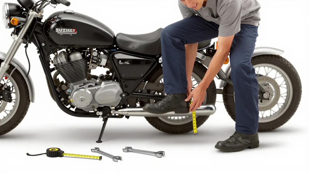 Mechanic adjusting rearward footpegs on Suzuki Boulevard C50 with measuring tape showing 37.2 inches.