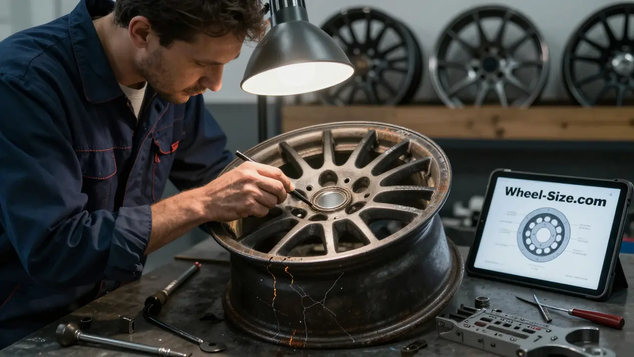 Mechanic inspecting a damaged aftermarket wheel under workshop light, with fitment guide visible in background.