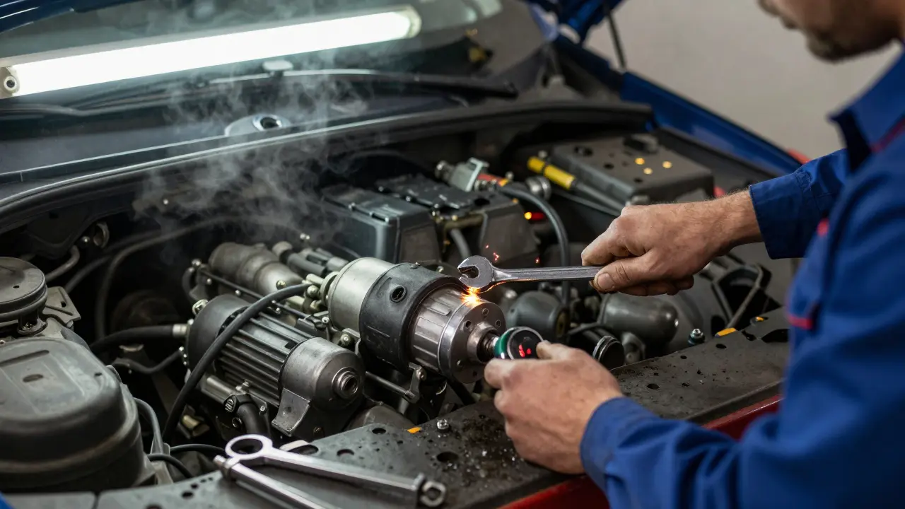Mechanic tapping a starter motor with a wrench while someone turns the key.