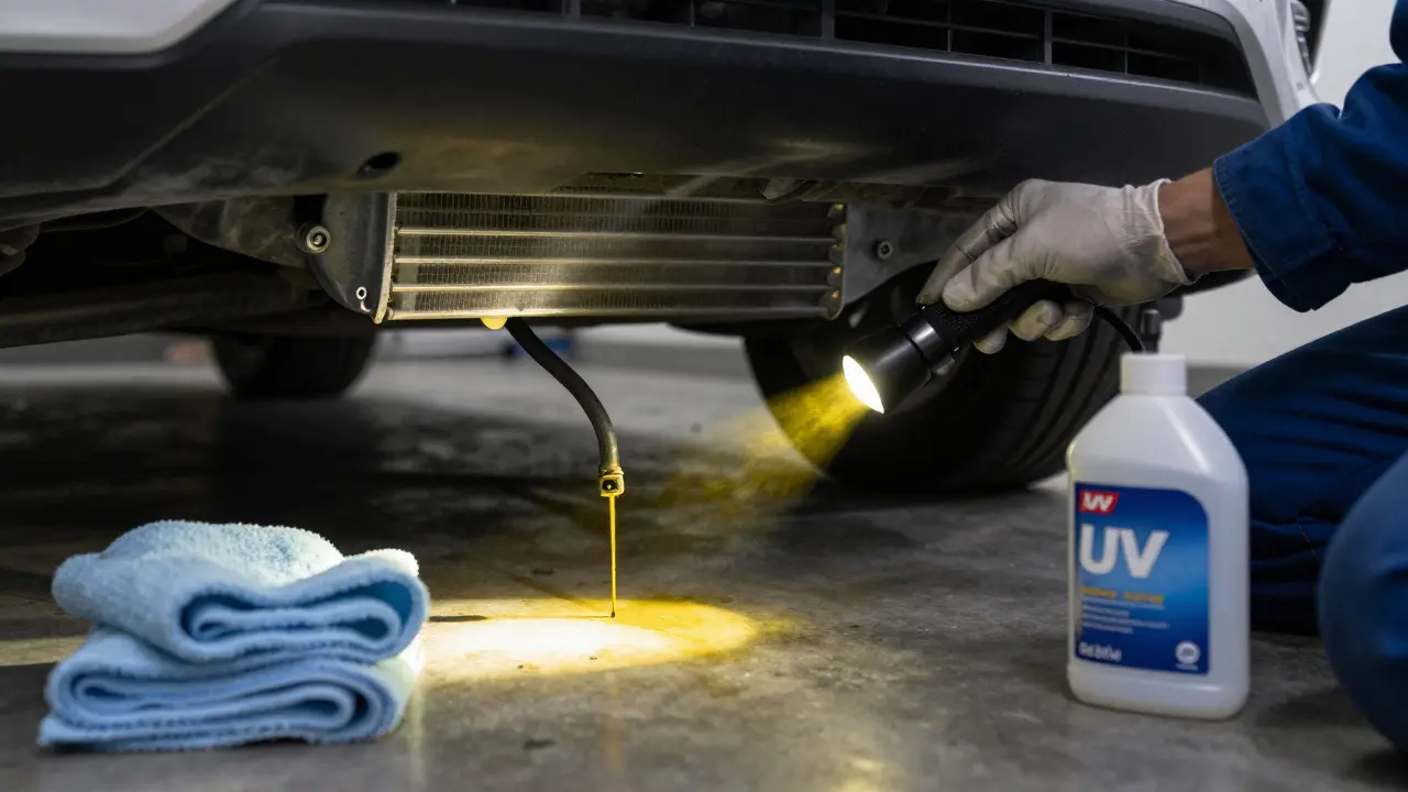 Mechanic using UV light to detect glowing transmission fluid leak in a cooler line.