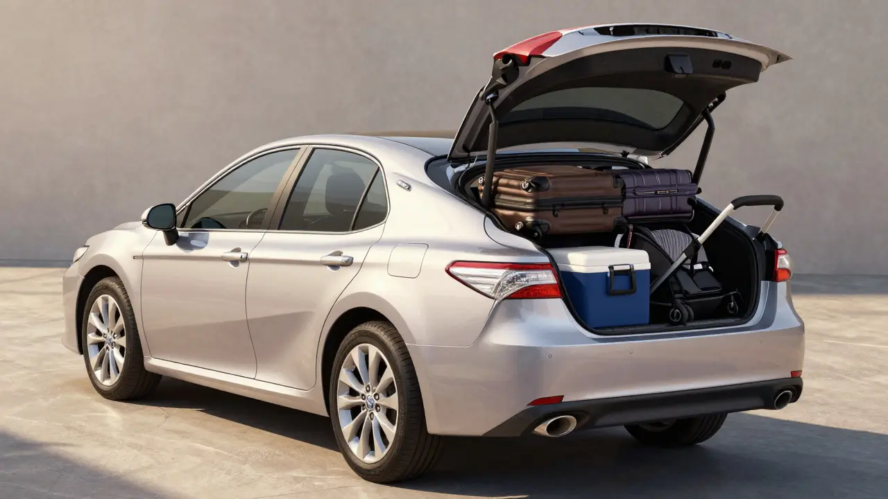 Midsize sedan trunk filled with two suitcases, stroller, and cooler, wide opening for easy loading.