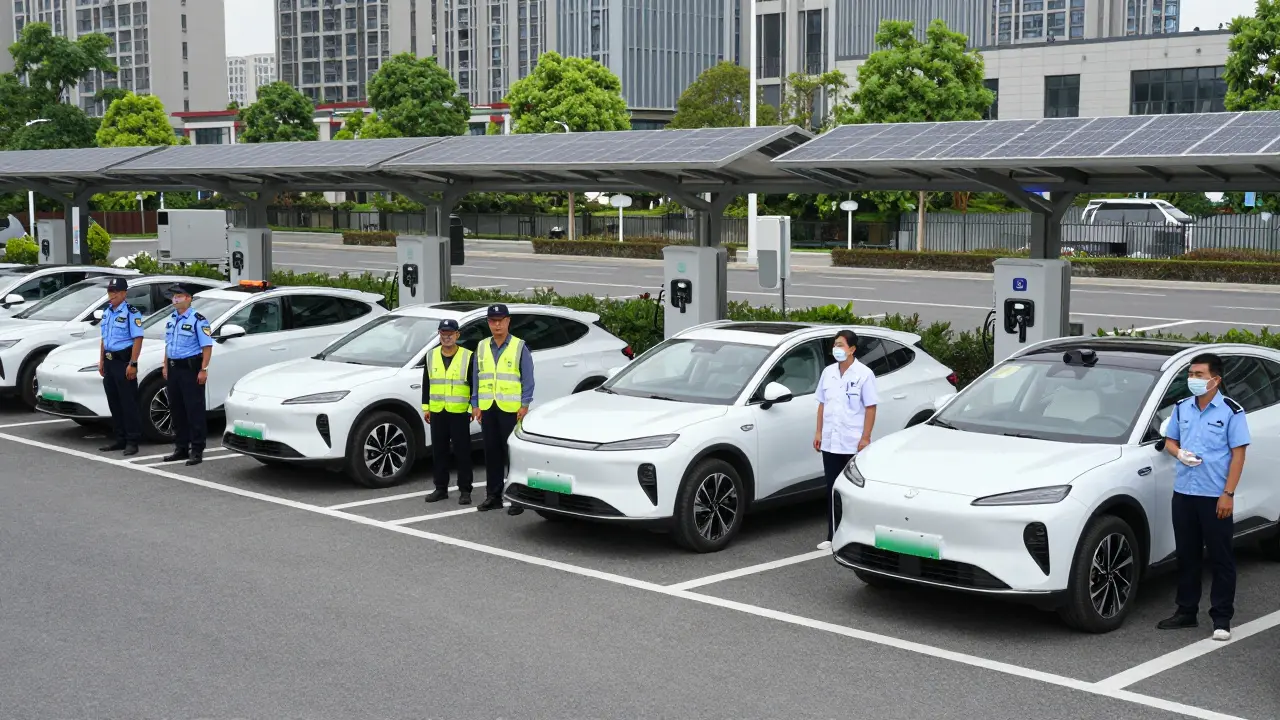 Municipal workers beside electric vehicles with solar charging canopies in a city lot.