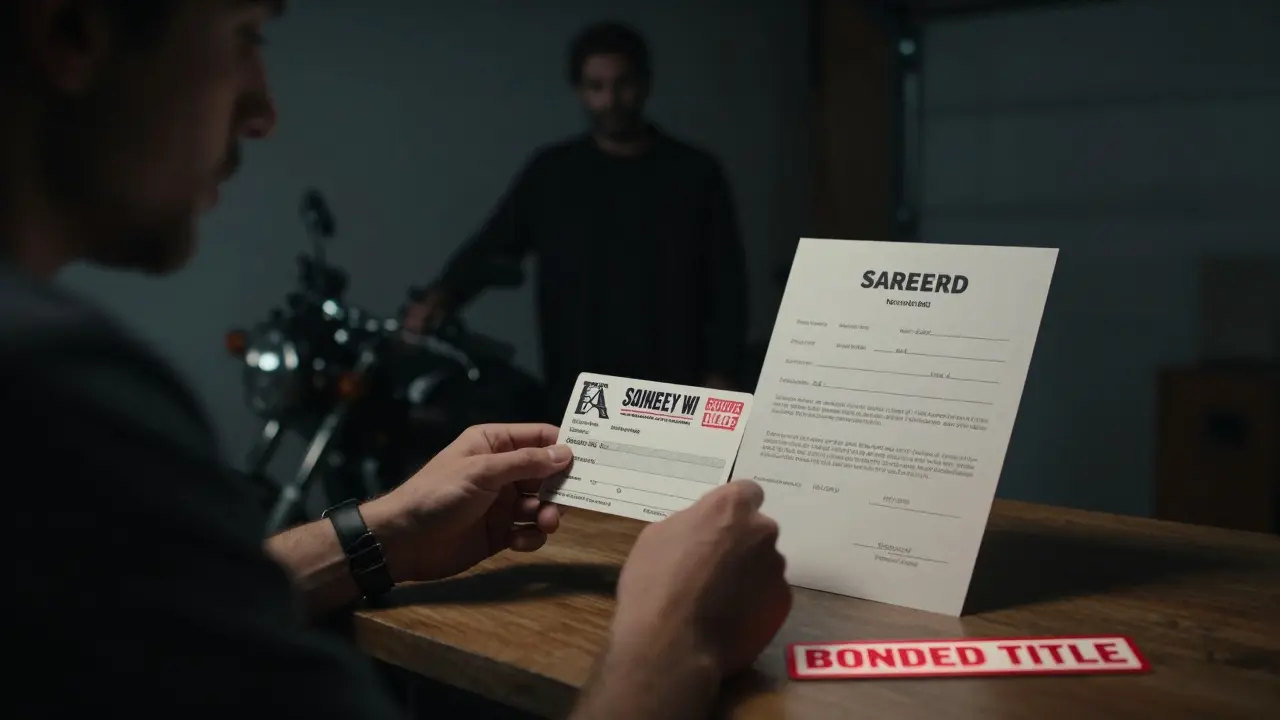 Rider holding bonded title documents in a dim garage with a shadowy figure nearby.