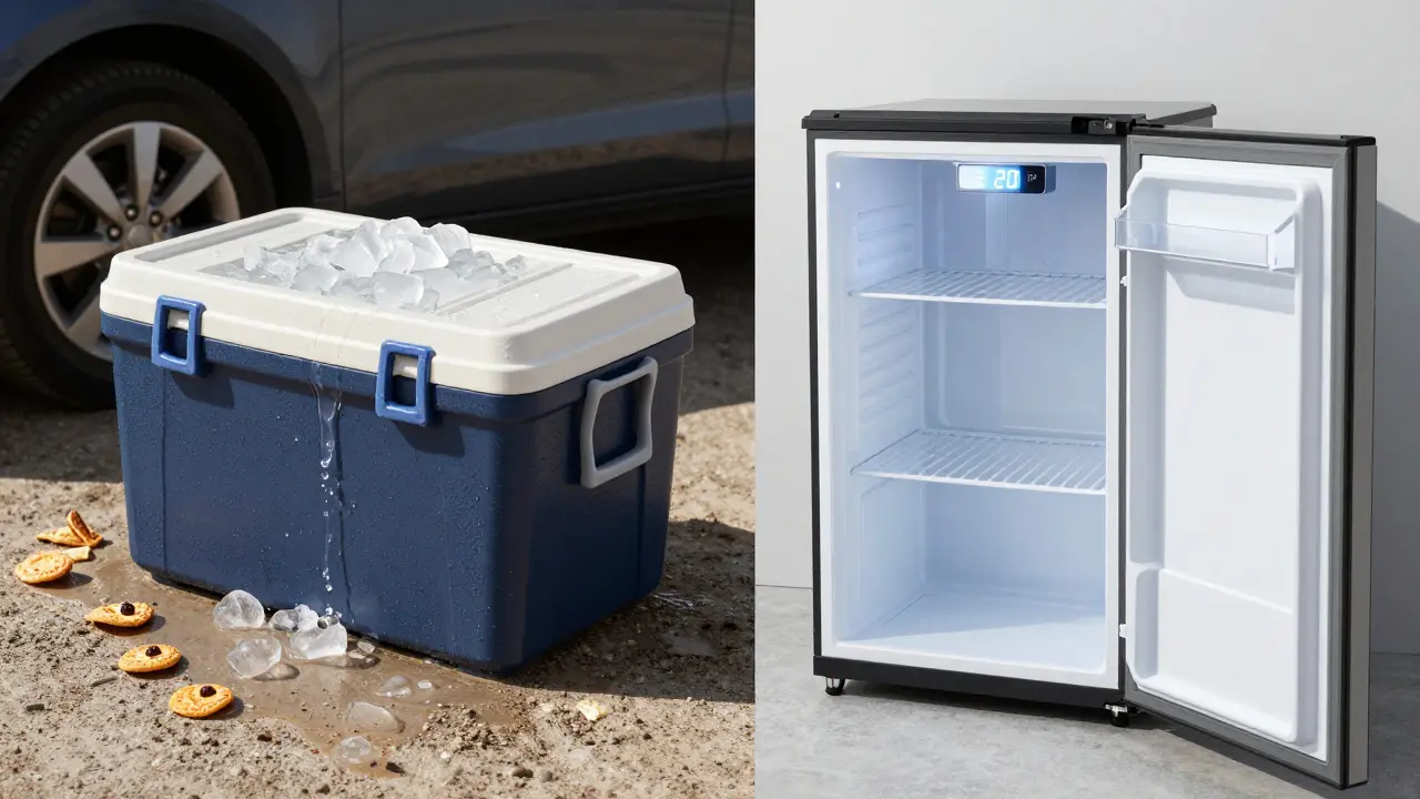 Side-by-side comparison: melted ice cooler vs. efficient 12V fridge maintaining cold temperatures in heat.
