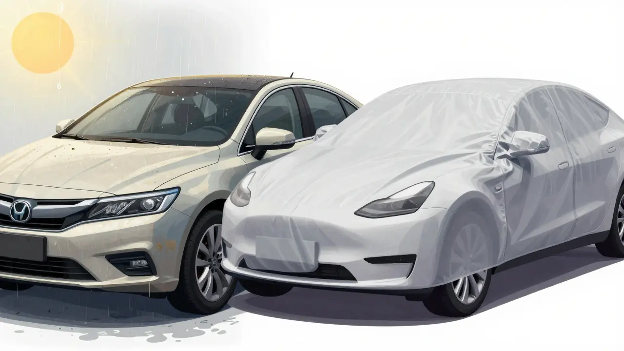 Side-by-side comparison of a damaged car vs. one protected by a high-quality car cover.