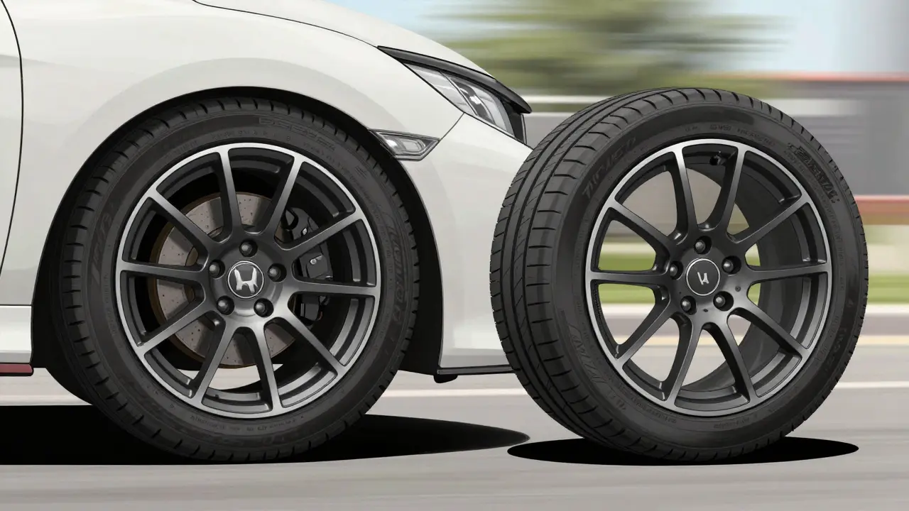 Side-by-side comparison of stock and upgraded wheels on a Honda Civic Si, highlighting weight reduction and tire profile.