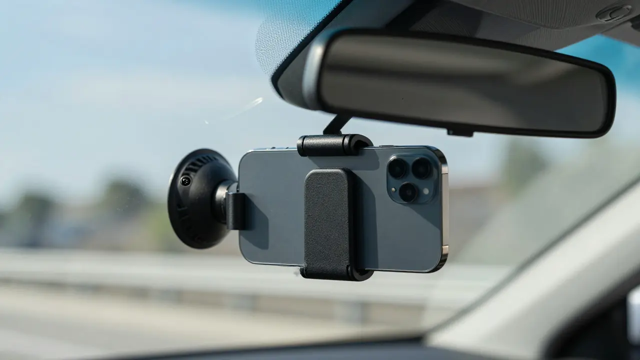 Smartphone held by double-suction windshield mount on clean glass, sunlight glinting off surface.