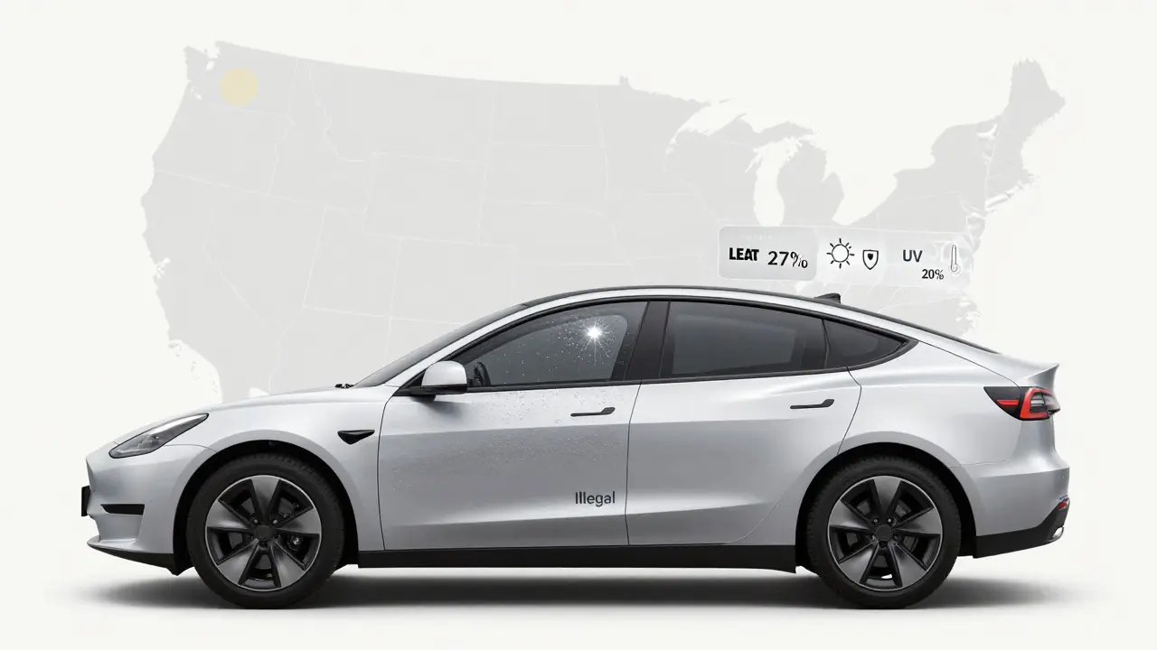 Split image comparing poor DIY window tint (left) with professional ceramic tint (right), highlighting legal compliance and performance differences.