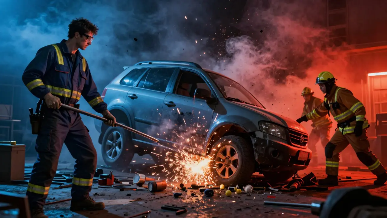 Split image showing unsafe car lifting versus a collapsed vehicle with emergency response, highlighting safety consequences.