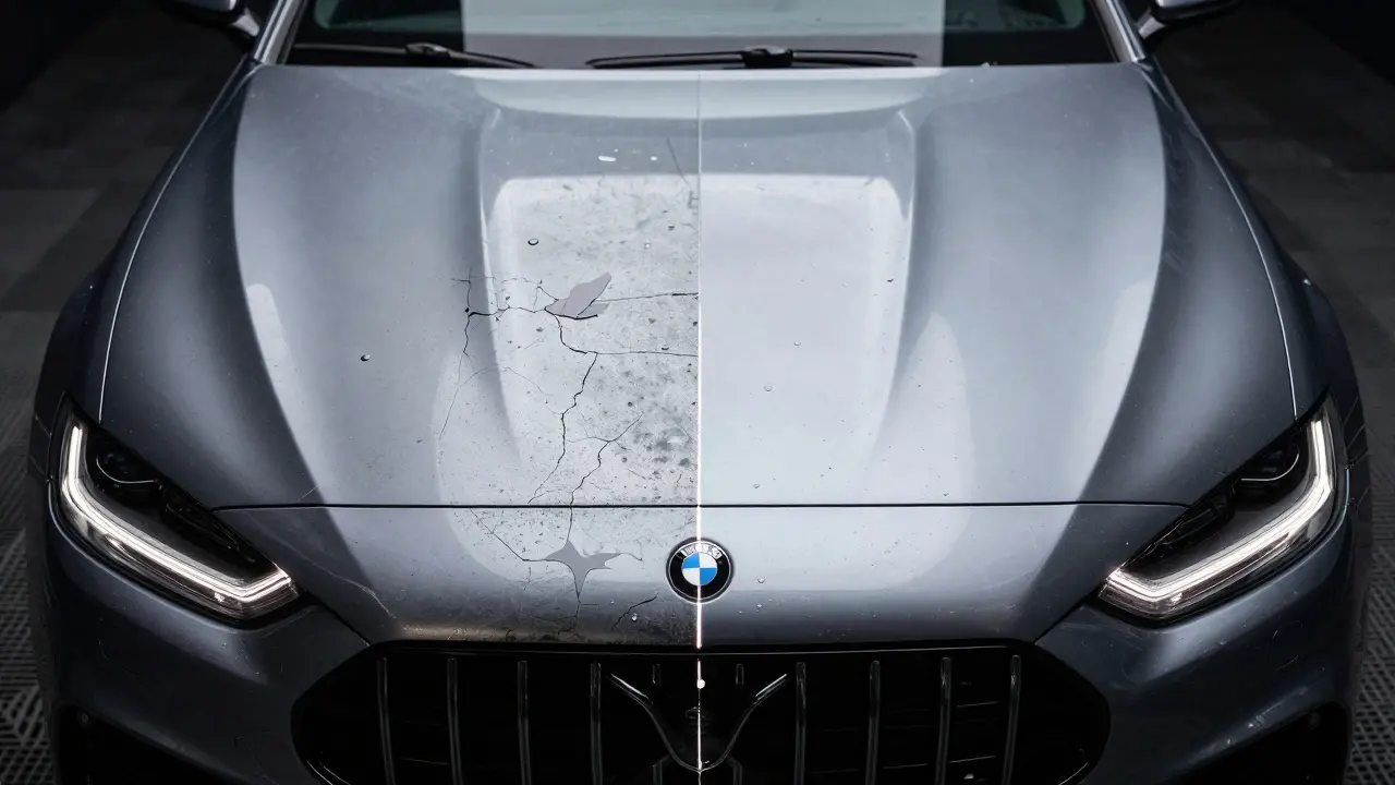 Split view of a car's paint: damaged on left, perfectly protected with PPF and ceramic coating on right.