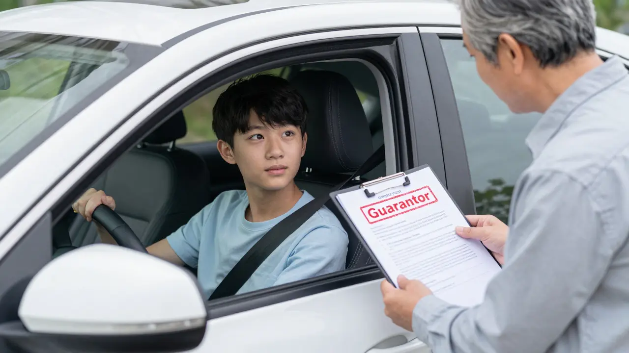 Teen in driver's seat with parent outside holding loan papers, car title showing only teen's name.