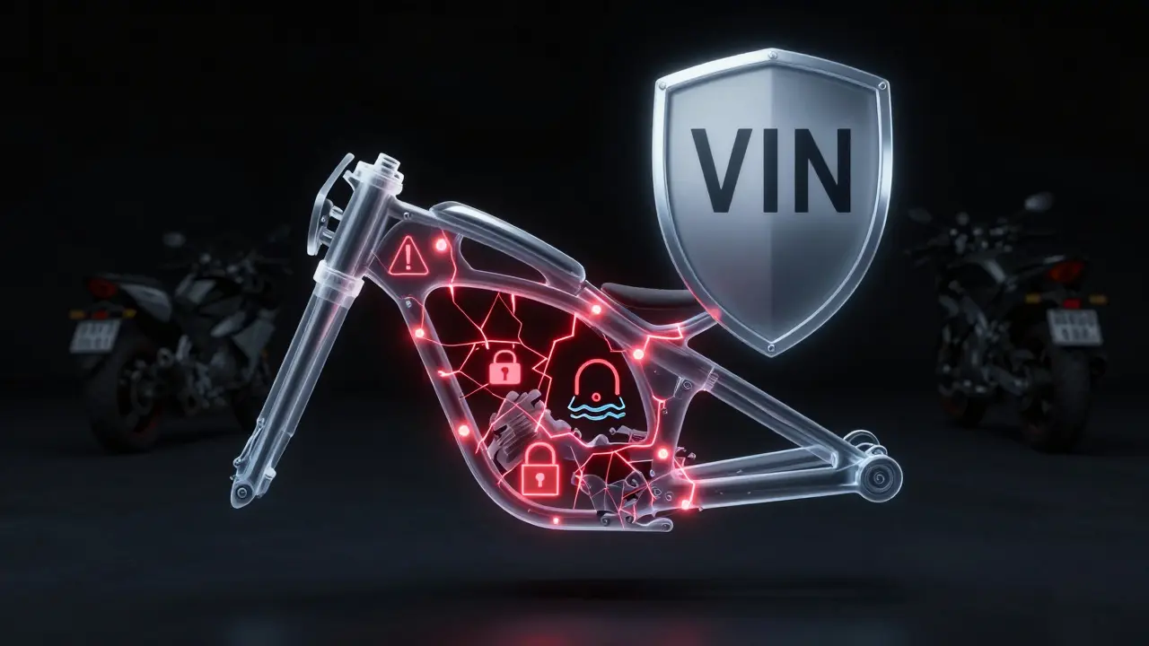 Transparent motorcycle frame with hidden damage indicators glowing red against a dark background.