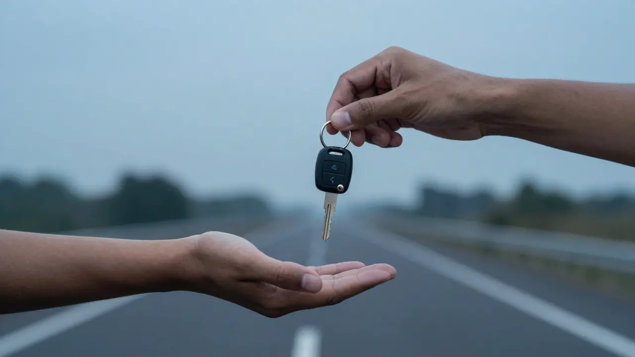 Two hands exchanging car keys for lease transfer, highway in background