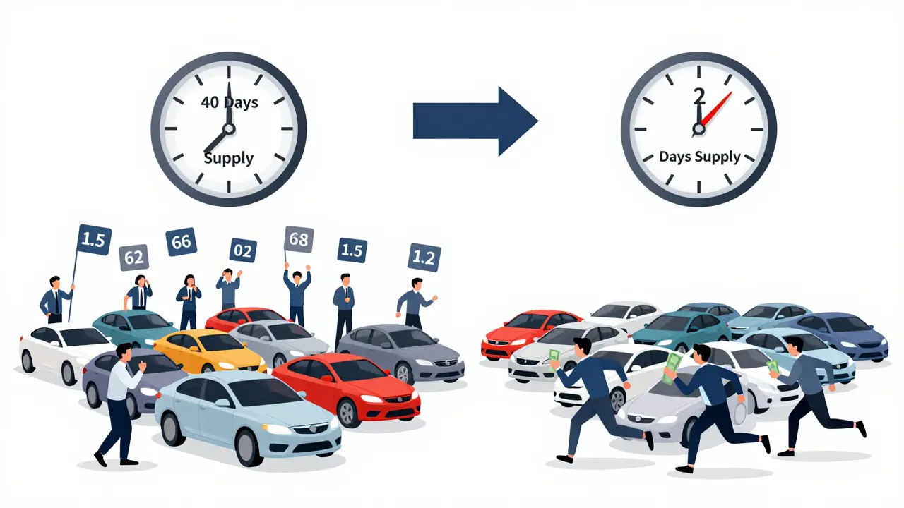 Two side-by-side scenes showing high vs low car supply: crowded lot with slow sales vs sparse lot with fast sales.