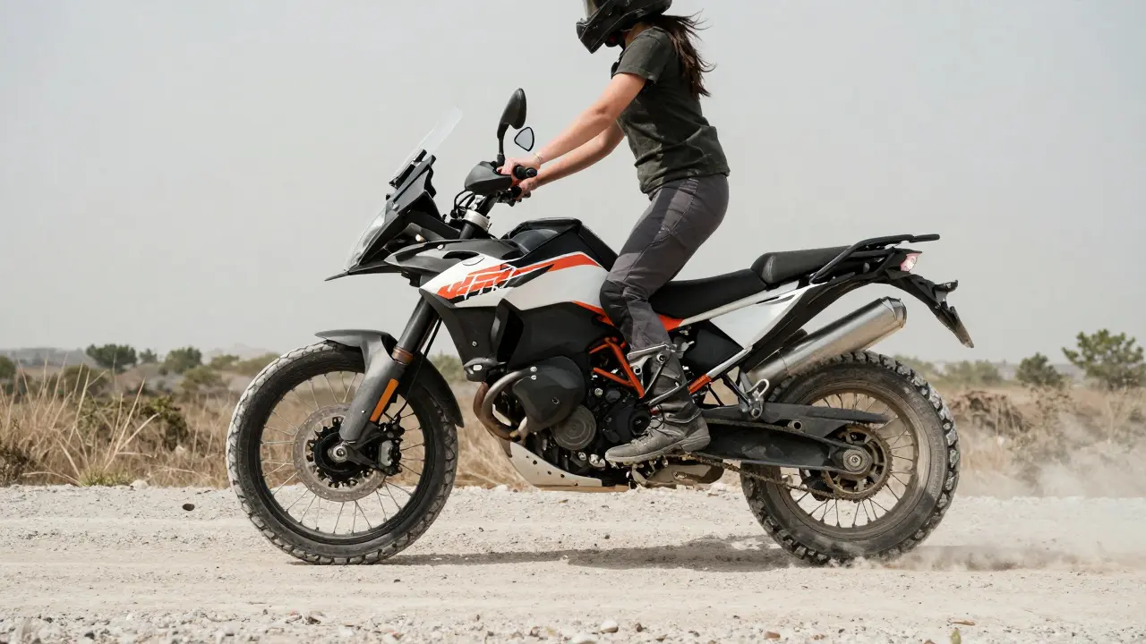 Woman riding KTM 1290 Super Adventure S on gravel road with ample legroom and upright stance.