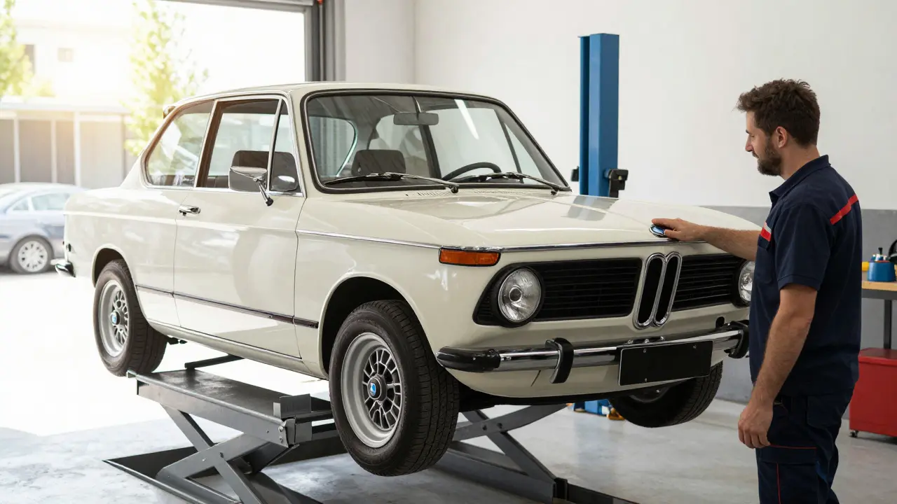 A 1972 BMW 2002 restomod with modern engine and brakes in a bright workshop.