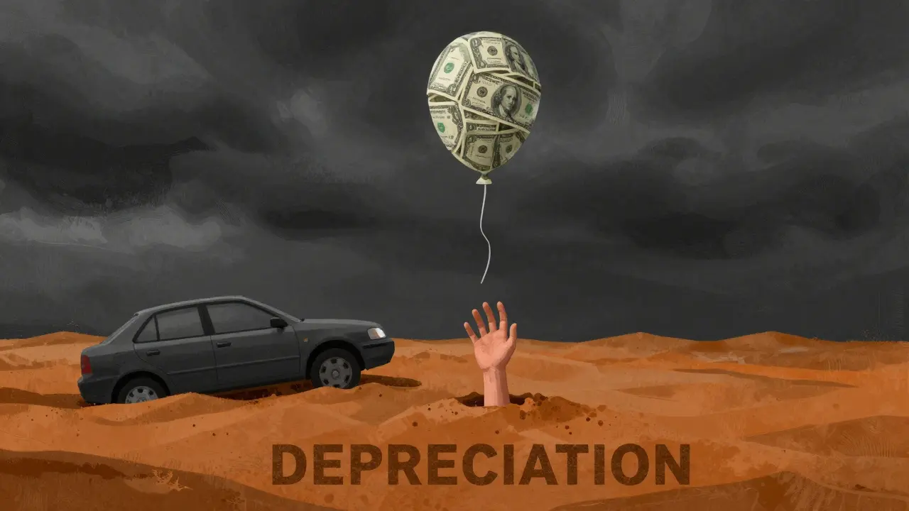 A balloon made of dollar bills floating away from a sinking car, with a hand reaching out futilely in a dark, surreal landscape.