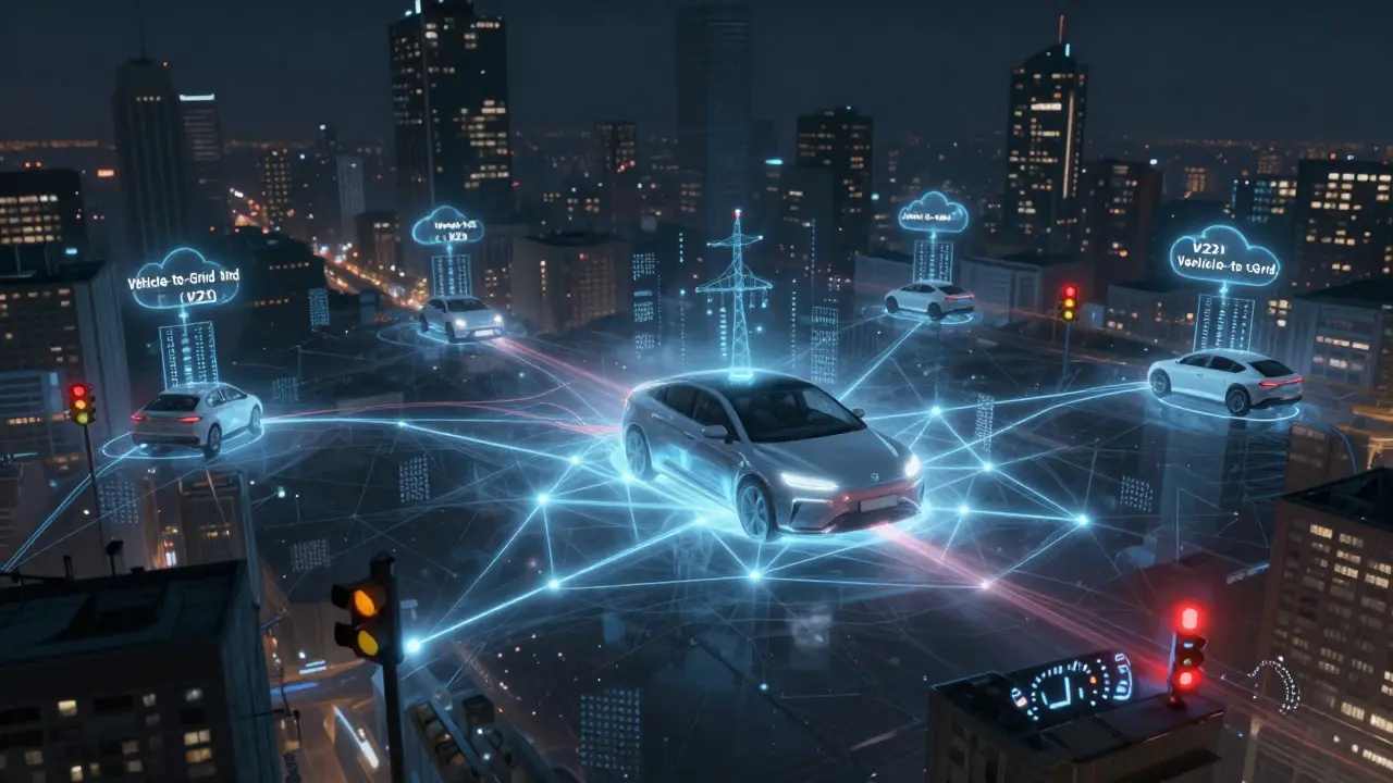 A car at the center of a glowing city-wide network linking vehicles, infrastructure, and power grids.