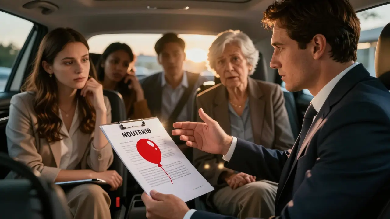 A car salesman pointing to a contract with a balloon icon while confused buyers look on in a dimly lit dealership.