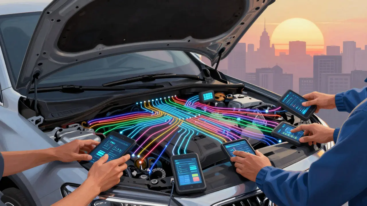 A car with glowing digital pathways symbolizing open diagnostic access for mechanics and consumers.