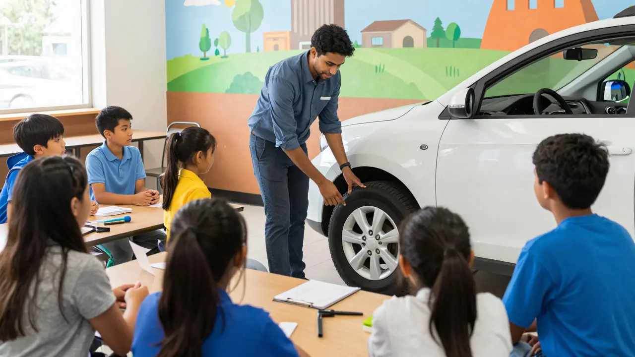 A dealership technician teaching students how to change a tire during a high school career day event.