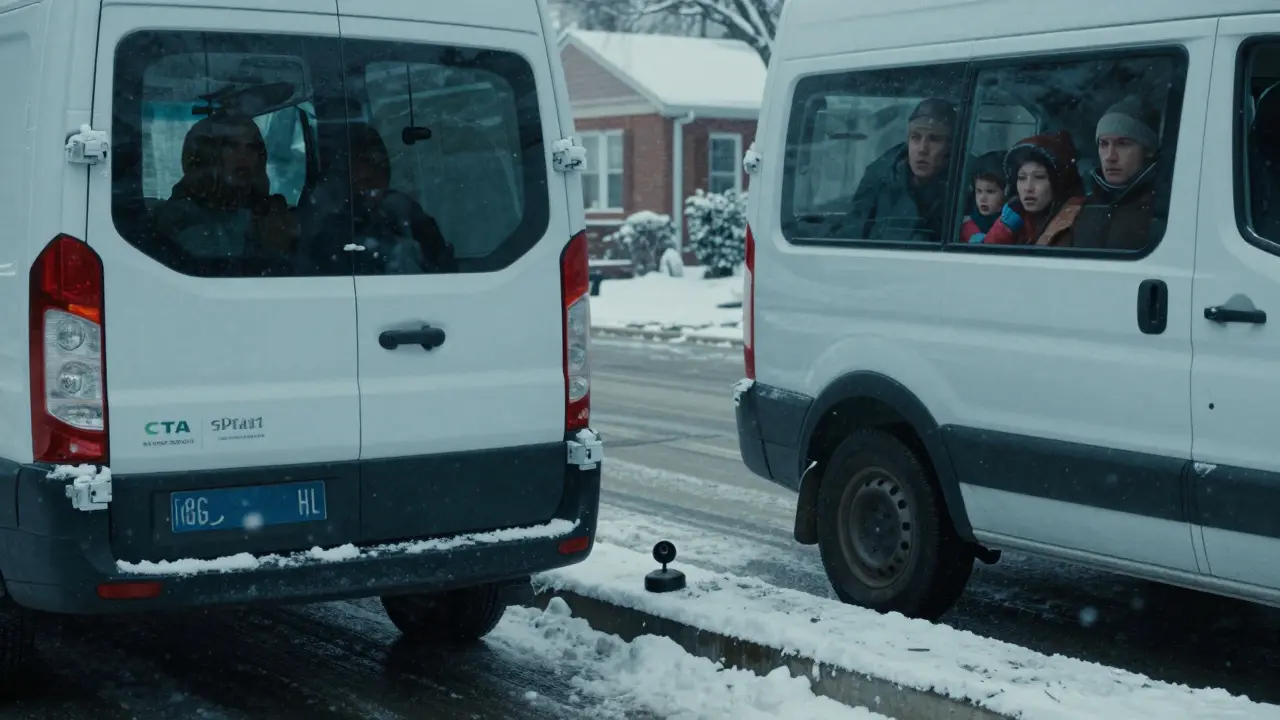 A delivery van stops automatically in snow near a curb, with a family watching from a window.