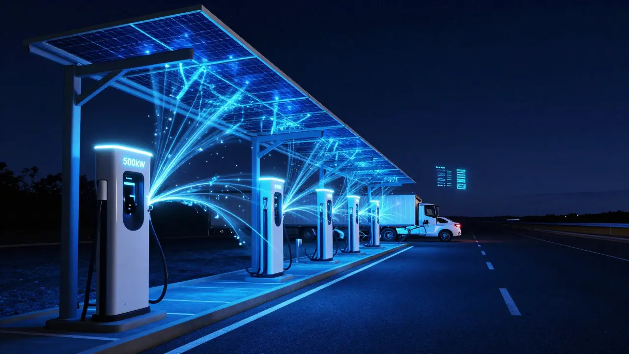 A futuristic 500kW ultra-fast charger with solar canopies feeding energy into a glowing grid at night.