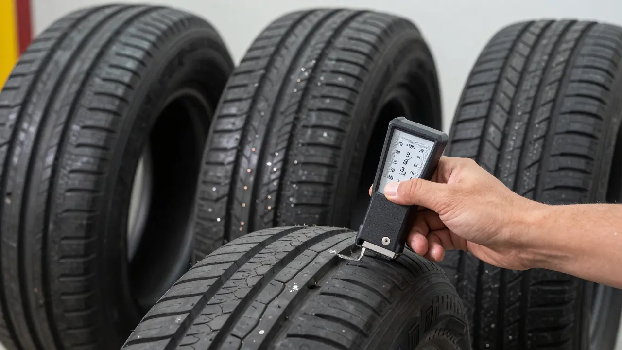 A hand using a tread depth gauge on a tire, with other tires in background showing signs of damage and wear.