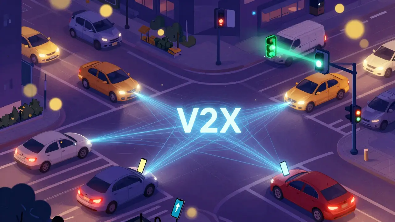 A nighttime intersection with vehicles and traffic lights connected by pulses of light representing real-time communication.