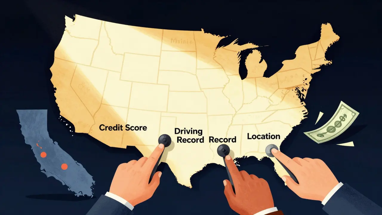 Abstract insurance calculator with hands from different U.S. states pulling levers labeled credit, driving record, and location, dollar amounts flying out.