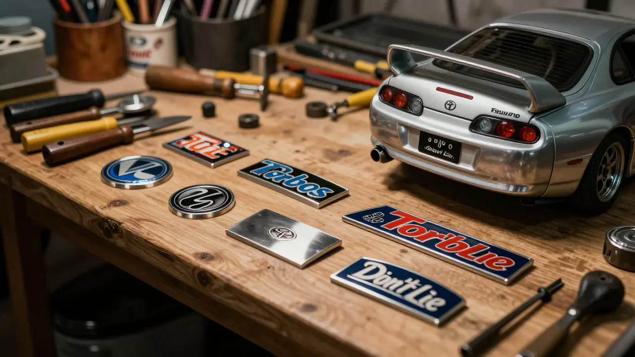 Artisan's workbench with custom car badges and a Supra featuring 'Turbos Don't Lie' emblem.