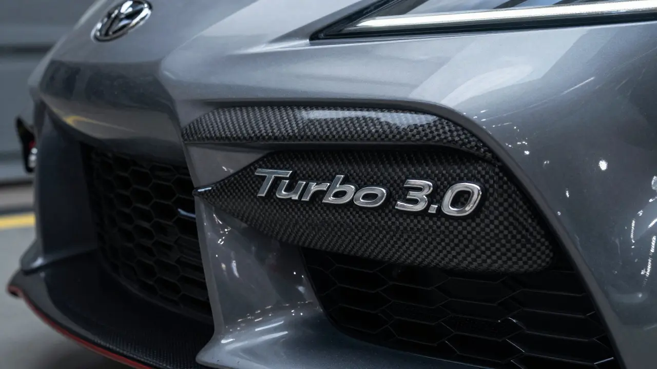 Carbon fiber grille insert and 'Turbo 3.0' aluminum badge on modern Toyota GR Supra, detailed textures.