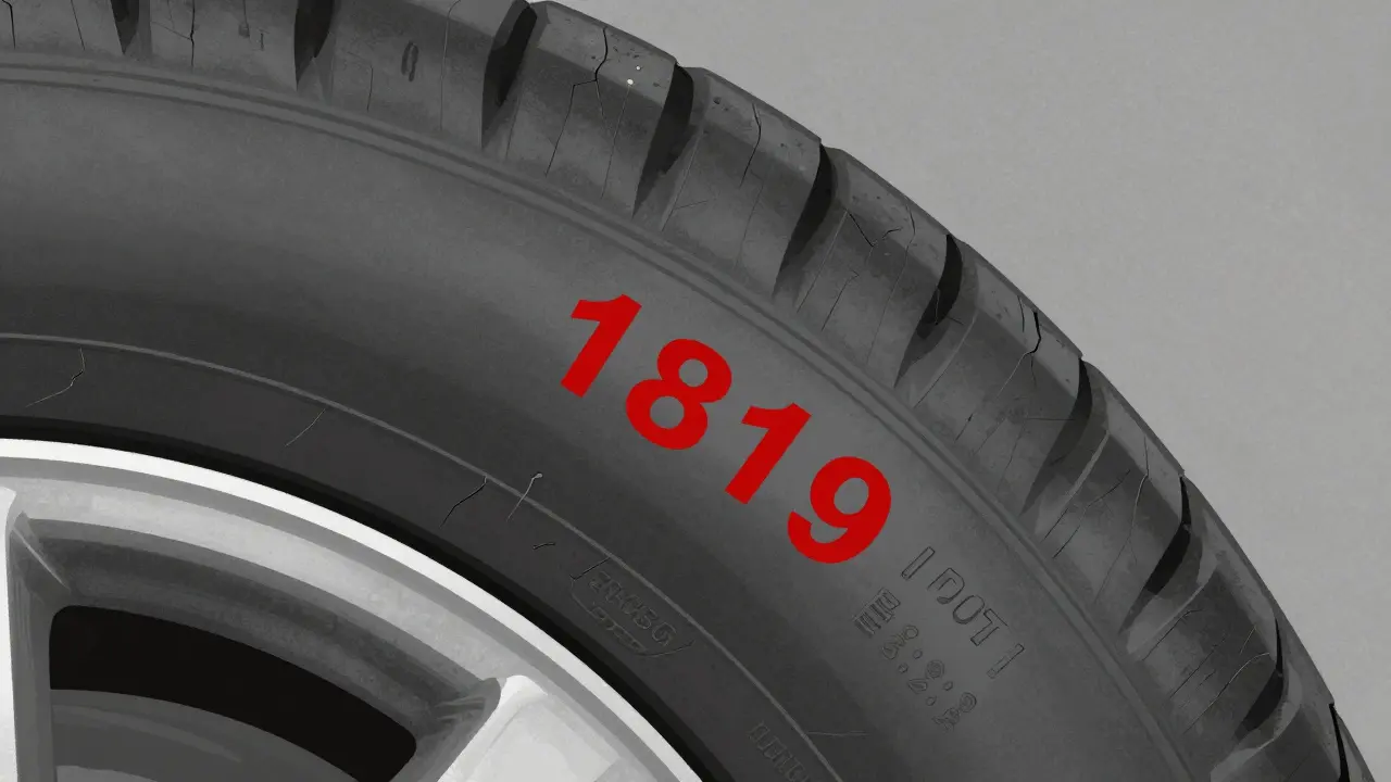 Close-up of a tire sidewall showing an old DOT code and visible cracking, indicating tire aging beyond safe limits.