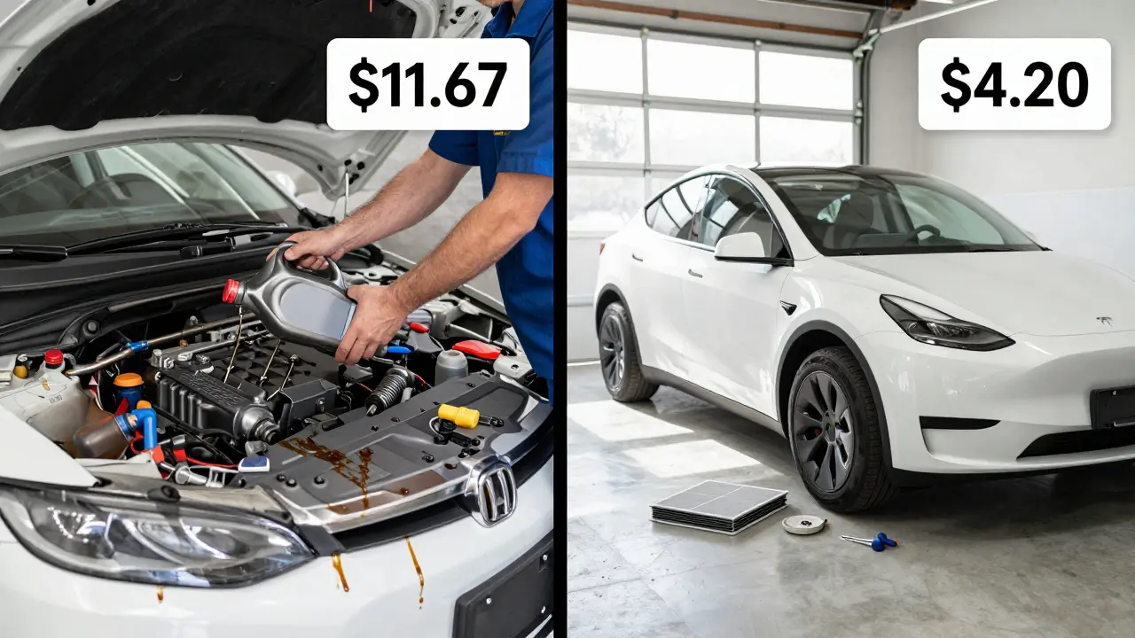 Comparison of maintenance costs: gas car oil change vs electric vehicle tire and filter service.