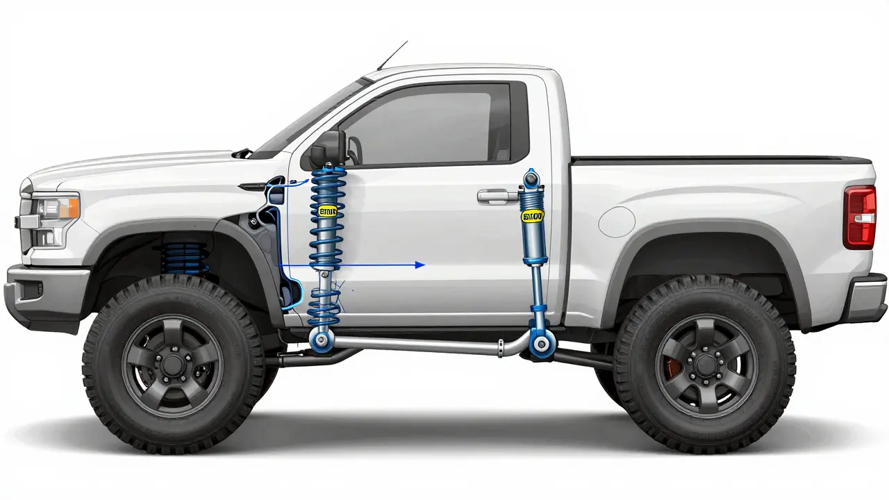 Cross-section diagram of upgraded truck suspension components showing leaf springs, shocks, and sway bar under load.