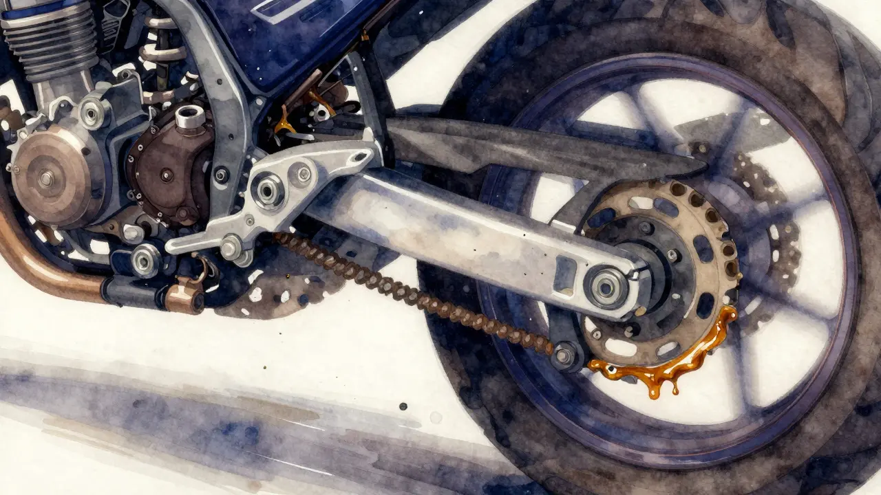Cross-section of motorcycle linkage pivot with fresh grease reducing friction between components.