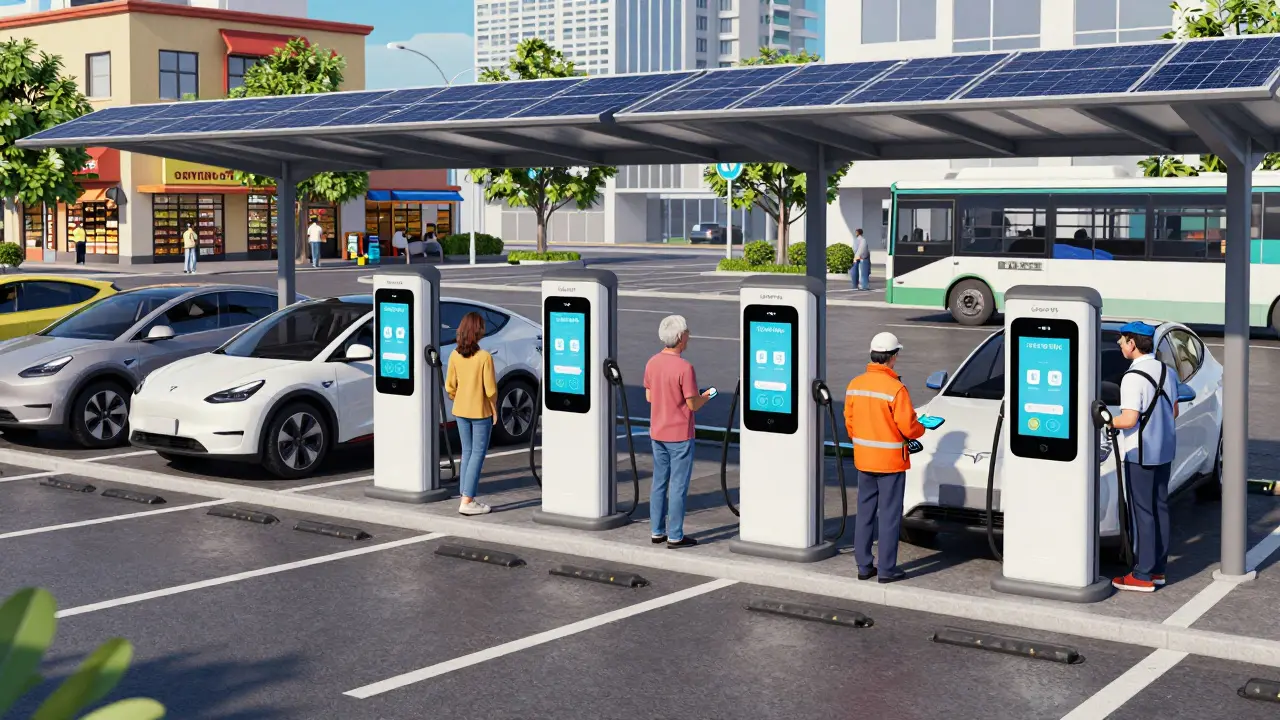 Diverse people using multiple EV chargers in a bustling urban lot with solar canopies overhead.