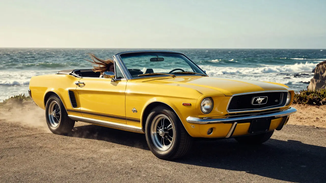 Ford Mustang convertible with top down parked by a coastal cliff under summer sun.
